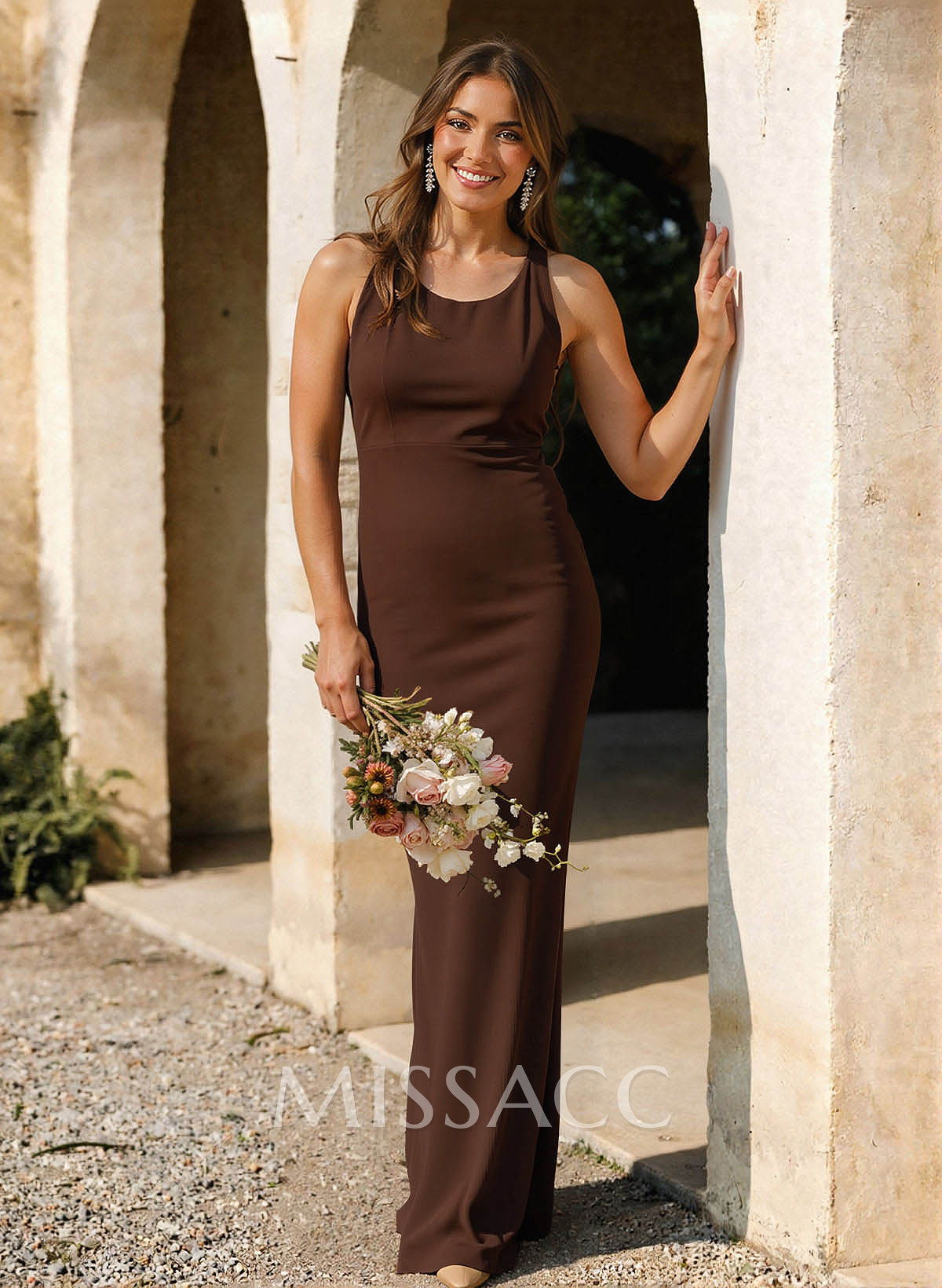 Trumpet/Mermaid Scoop Neck Sleeveless Sweep Train Stretch Satin Bridesmaid Dresses