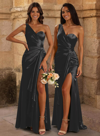 Trumpet/Mermaid One-Shoulder/Asymmetrical Floor-Length Silk Like Satin Bridesmaid Dresses With High Split