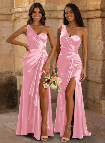 Trumpet/Mermaid One-Shoulder/Asymmetrical Floor-Length Silk Like Satin Bridesmaid Dresses With High Split