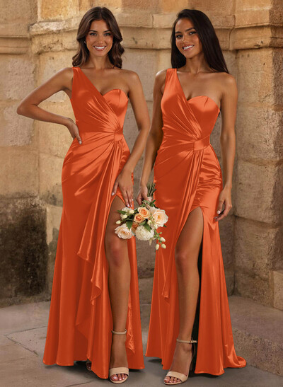 Trumpet/Mermaid One-Shoulder/Asymmetrical Floor-Length Silk Like Satin Bridesmaid Dresses With High Split