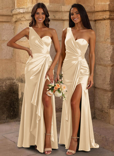 Trumpet/Mermaid One-Shoulder/Asymmetrical Floor-Length Silk Like Satin Bridesmaid Dresses With High Split