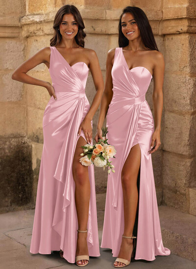 Trumpet/Mermaid One-Shoulder/Asymmetrical Floor-Length Silk Like Satin Bridesmaid Dresses With High Split