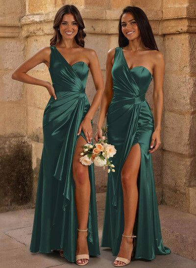 Trumpet/Mermaid One-Shoulder/Asymmetrical Floor-Length Silk Like Satin Bridesmaid Dresses With High Split