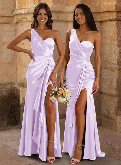 Trumpet/Mermaid One-Shoulder/Asymmetrical Floor-Length Silk Like Satin Bridesmaid Dresses With High Split