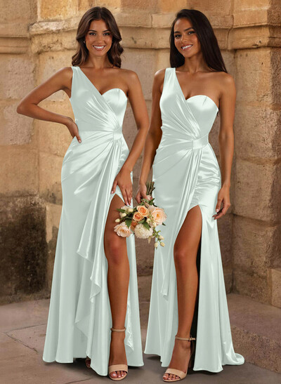 Trumpet/Mermaid One-Shoulder/Asymmetrical Floor-Length Silk Like Satin Bridesmaid Dresses With High Split