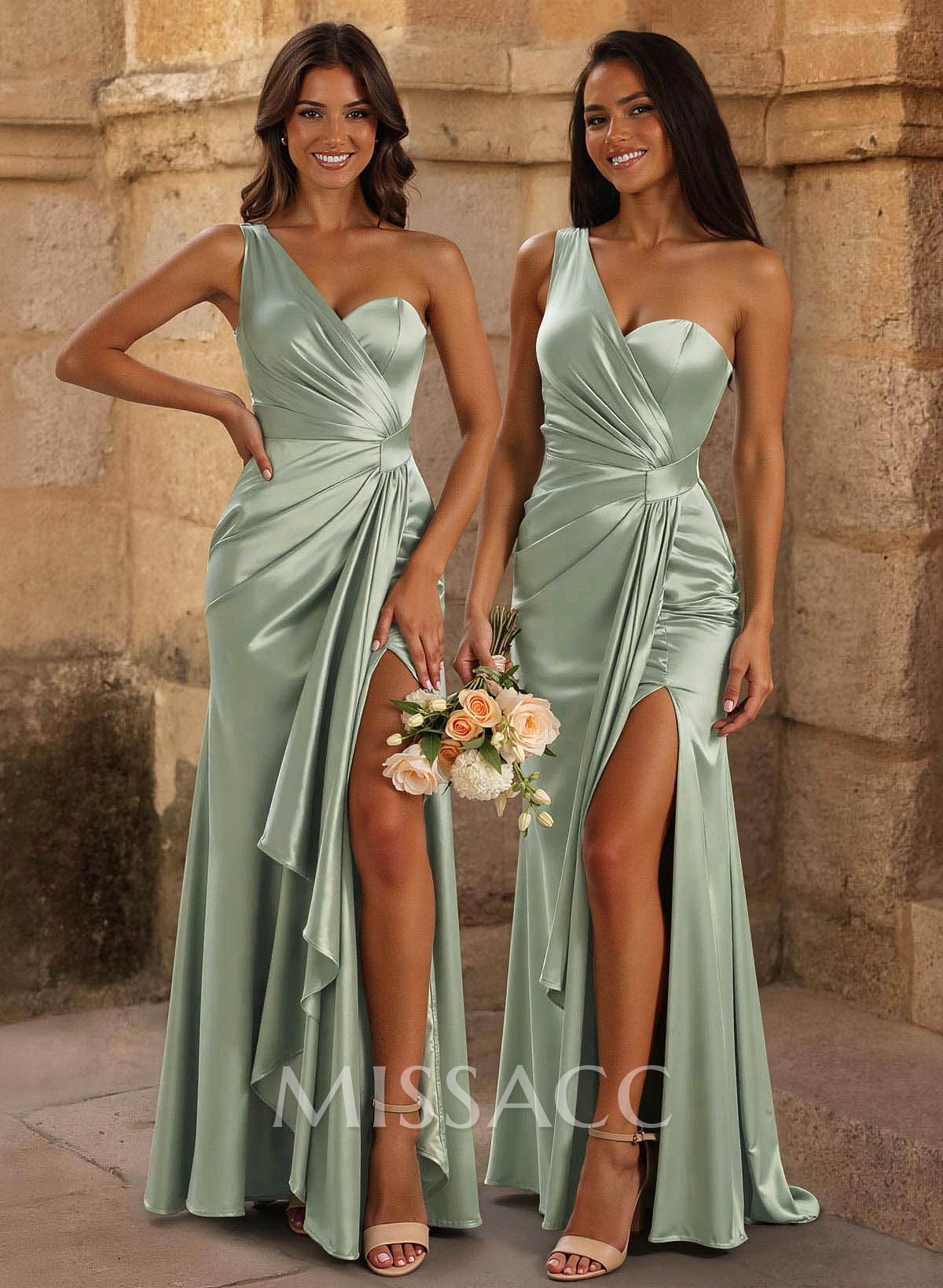 Trumpet/Mermaid One-Shoulder/Asymmetrical Floor-Length Silk Like Satin Bridesmaid Dresses With High Split Trumpet/Mermaid One-Shoulder/Asymmetrical Floor-Length Silk Like Satin Bridesmaid Dresses With High Split
