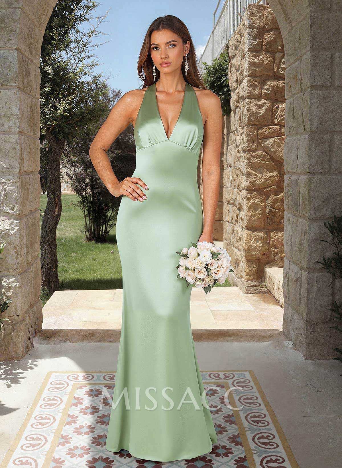 Trumpet/Mermaid Plunge Neck Sleeveless Floor-Length Stretch Satin Bridesmaid Dresses
