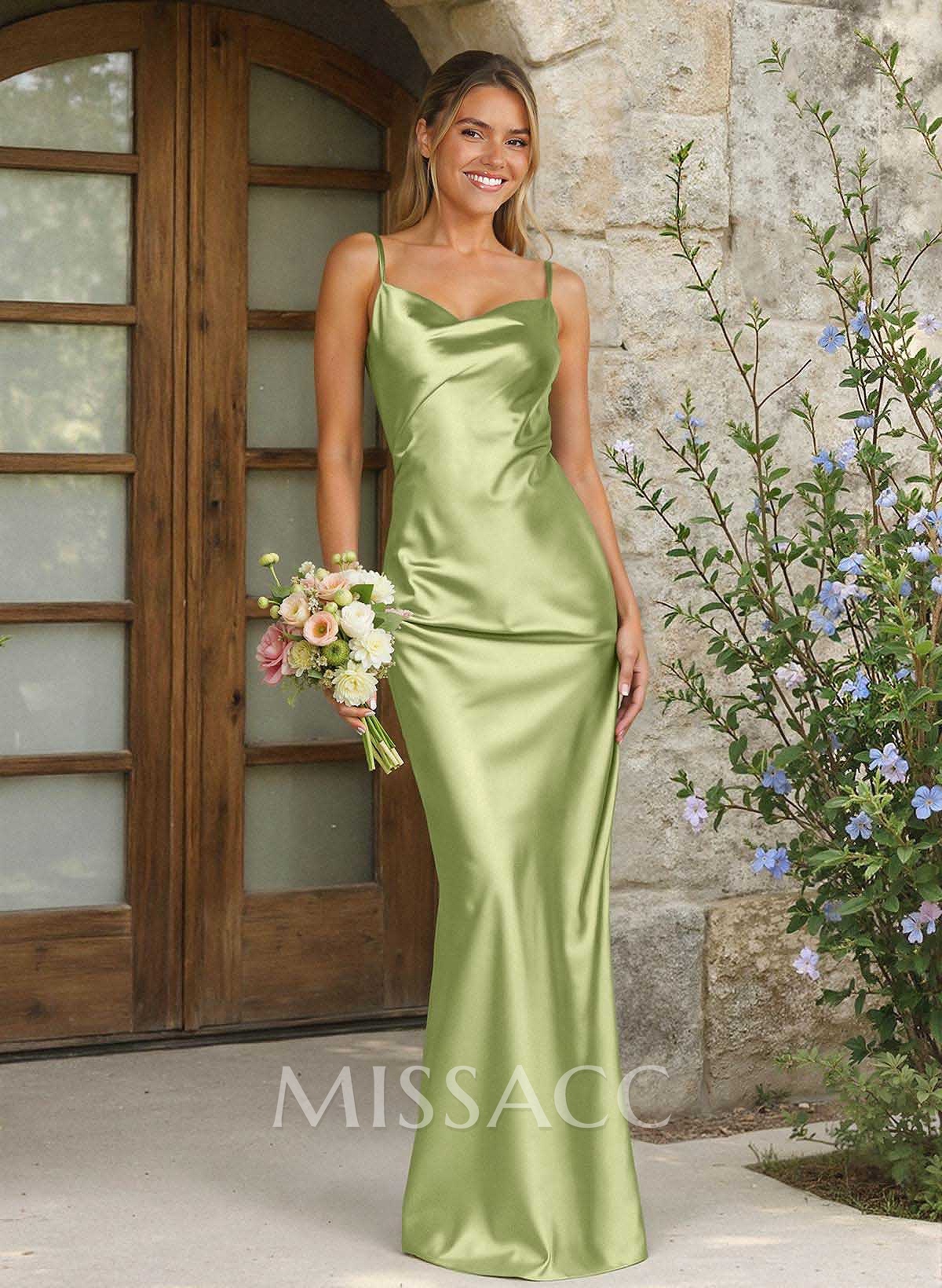 Sheath/Column Cowl Neck Floor-Length Silk Like Satin Bridesmaid Dresses With High Split Sheath/Column Cowl Neck Floor-Length Silk Like Satin Bridesmaid Dresses With High Split