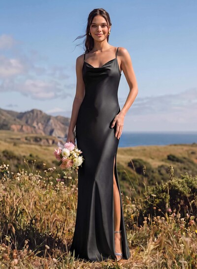 Sheath/Column Cowl Neck Floor-Length Silk Like Satin Bridesmaid Dresses With High Split