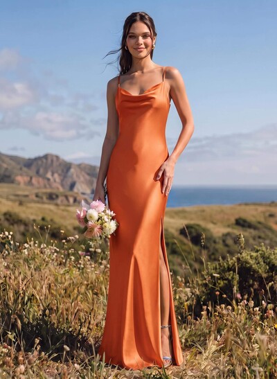 Sheath/Column Cowl Neck Floor-Length Silk Like Satin Bridesmaid Dresses With High Split