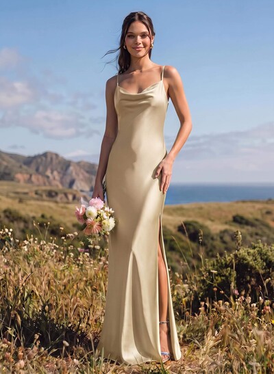 Sheath/Column Cowl Neck Floor-Length Silk Like Satin Bridesmaid Dresses With High Split