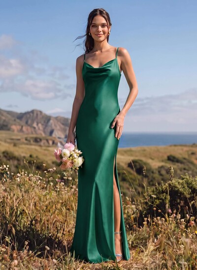 Sheath/Column Cowl Neck Floor-Length Silk Like Satin Bridesmaid Dresses With High Split
