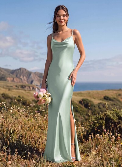 Sheath/Column Cowl Neck Floor-Length Silk Like Satin Bridesmaid Dresses With High Split