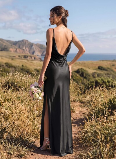 Sheath/Column Cowl Neck Floor-Length Silk Like Satin Bridesmaid Dresses With High Split