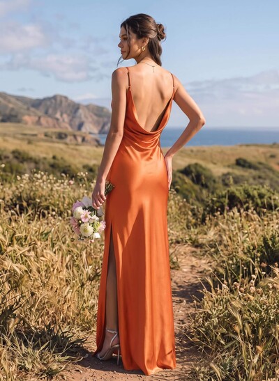 Sheath/Column Cowl Neck Floor-Length Silk Like Satin Bridesmaid Dresses With High Split