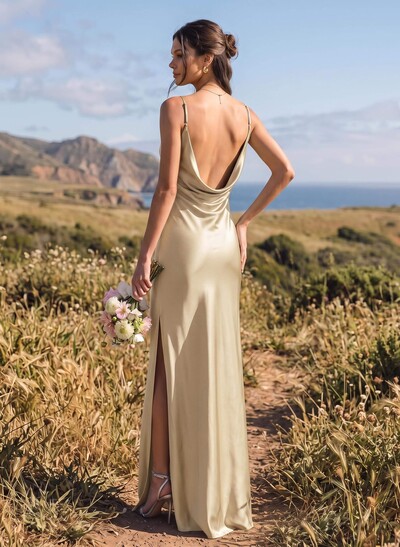 Sheath/Column Cowl Neck Floor-Length Silk Like Satin Bridesmaid Dresses With High Split