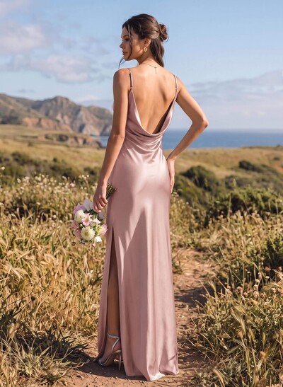 Sheath/Column Cowl Neck Floor-Length Silk Like Satin Bridesmaid Dresses With High Split