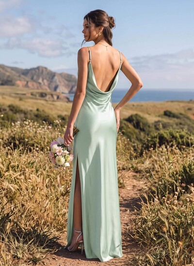 Sheath/Column Cowl Neck Floor-Length Silk Like Satin Bridesmaid Dresses With High Split