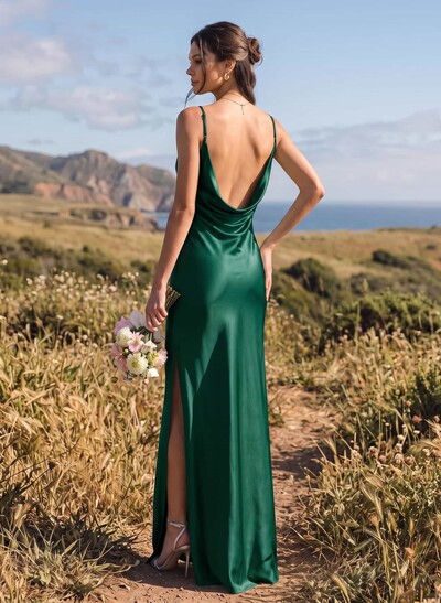 Sheath/Column Cowl Neck Floor-Length Silk Like Satin Bridesmaid Dresses With High Split