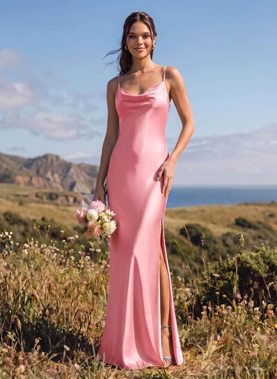 Sheath/Column Cowl Neck Floor-Length Silk Like Satin Bridesmaid Dresses With High Split
