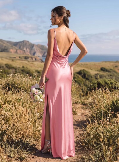 Sheath/Column Cowl Neck Floor-Length Silk Like Satin Bridesmaid Dresses With High Split