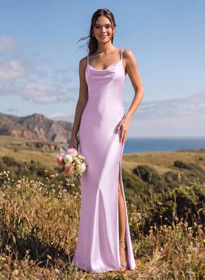 Sheath/Column Cowl Neck Floor-Length Silk Like Satin Bridesmaid Dresses With High Split