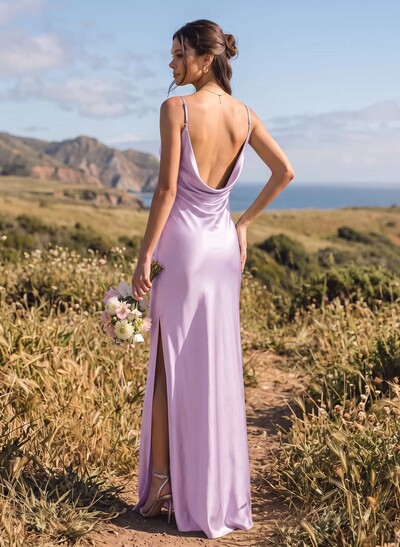 Sheath/Column Cowl Neck Floor-Length Silk Like Satin Bridesmaid Dresses With High Split