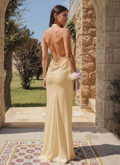 Trumpet/Mermaid Plunge Neck Sweep Train Stretch Satin Bridesmaid Dresses With Back Hole