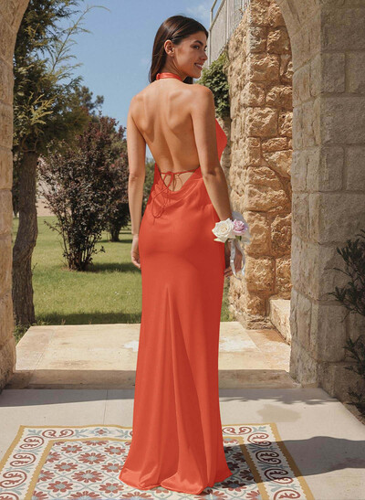 Trumpet/Mermaid Plunge Neck Sweep Train Stretch Satin Bridesmaid Dresses With Back Hole