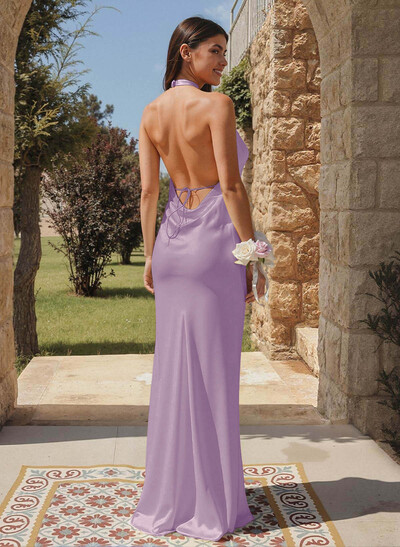 Trumpet/Mermaid Plunge Neck Sweep Train Stretch Satin Bridesmaid Dresses With Back Hole