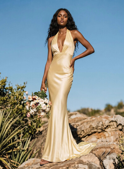 Trumpet/Mermaid Plunge Neck Sweep Train Stretch Satin Bridesmaid Dresses With Back Hole