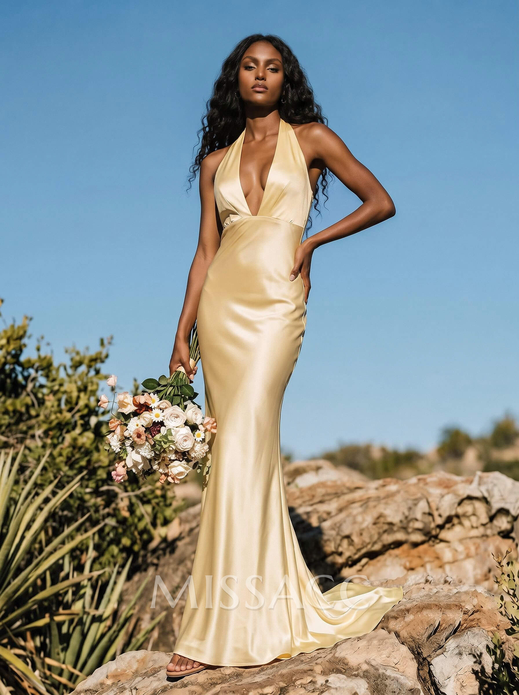 Trumpet/Mermaid Plunge Neck Sweep Train Stretch Satin Bridesmaid Dresses With Back Hole Trumpet/Mermaid Plunge Neck Sweep Train Stretch Satin Bridesmaid Dresses With Back Hole