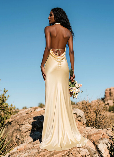 Trumpet/Mermaid Plunge Neck Sweep Train Stretch Satin Bridesmaid Dresses With Back Hole