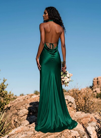Trumpet/Mermaid Plunge Neck Sweep Train Stretch Satin Bridesmaid Dresses With Back Hole