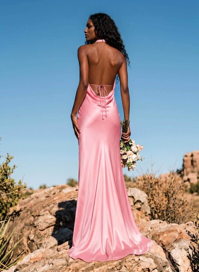 Trumpet/Mermaid Plunge Neck Sweep Train Stretch Satin Bridesmaid Dresses With Back Hole