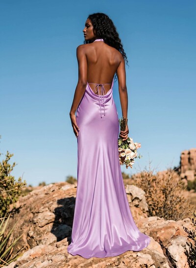 Trumpet/Mermaid Plunge Neck Sweep Train Stretch Satin Bridesmaid Dresses With Back Hole