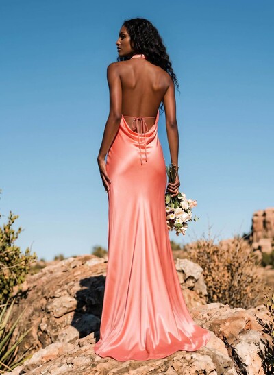 Trumpet/Mermaid Plunge Neck Sweep Train Stretch Satin Bridesmaid Dresses With Back Hole