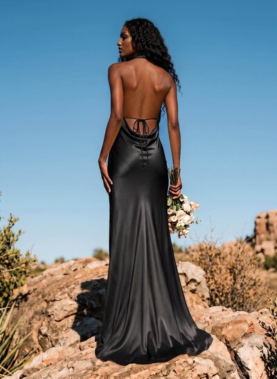 Trumpet/Mermaid Plunge Neck Sweep Train Stretch Satin Bridesmaid Dresses With Back Hole