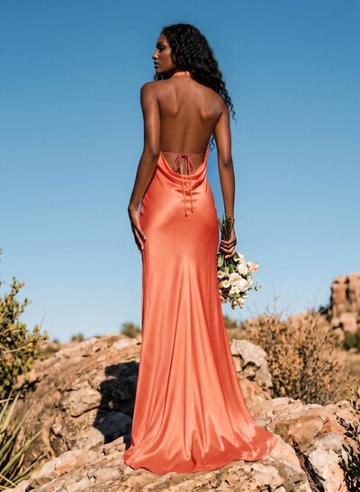 Trumpet/Mermaid Plunge Neck Sweep Train Stretch Satin Bridesmaid Dresses With Back Hole