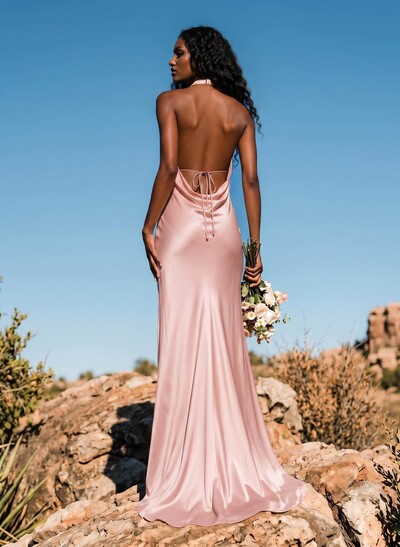 Trumpet/Mermaid Plunge Neck Sweep Train Stretch Satin Bridesmaid Dresses With Back Hole