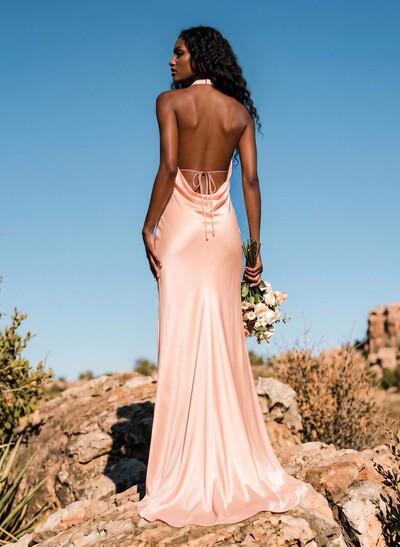Trumpet/Mermaid Plunge Neck Sweep Train Stretch Satin Bridesmaid Dresses With Back Hole