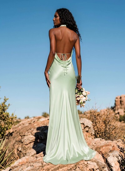 Trumpet/Mermaid Plunge Neck Sweep Train Stretch Satin Bridesmaid Dresses With Back Hole