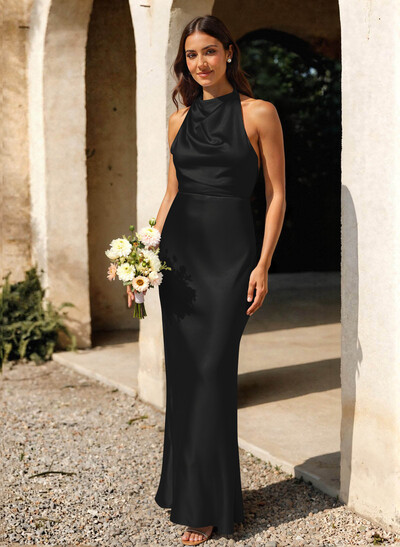 Trumpet/Mermaid Halter Floor-Length Stretch Satin Knit Bridesmaid Dresses With Beading/Back Hole