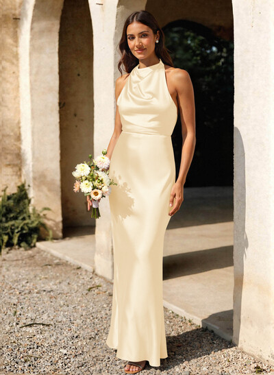 Trumpet/Mermaid Halter Floor-Length Stretch Satin Knit Bridesmaid Dresses With Beading/Back Hole