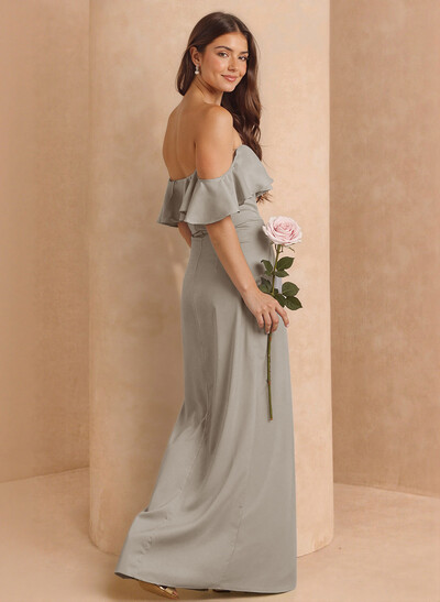 A-Line Off-The-Shoulder Floor-Length Stretch Satin Bridesmaid Dresses With High Split/Shoulder Ruffle