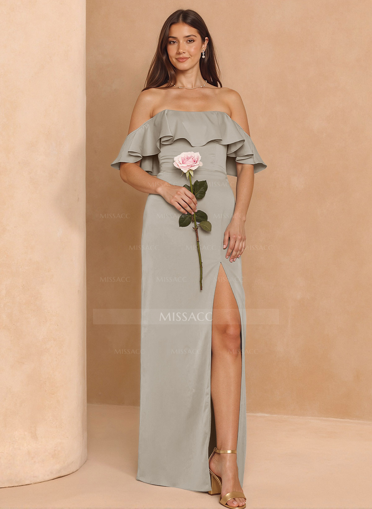 A-Line Off-The-Shoulder Floor-Length Stretch Satin Bridesmaid Dresses With High Split/Shoulder Ruffle