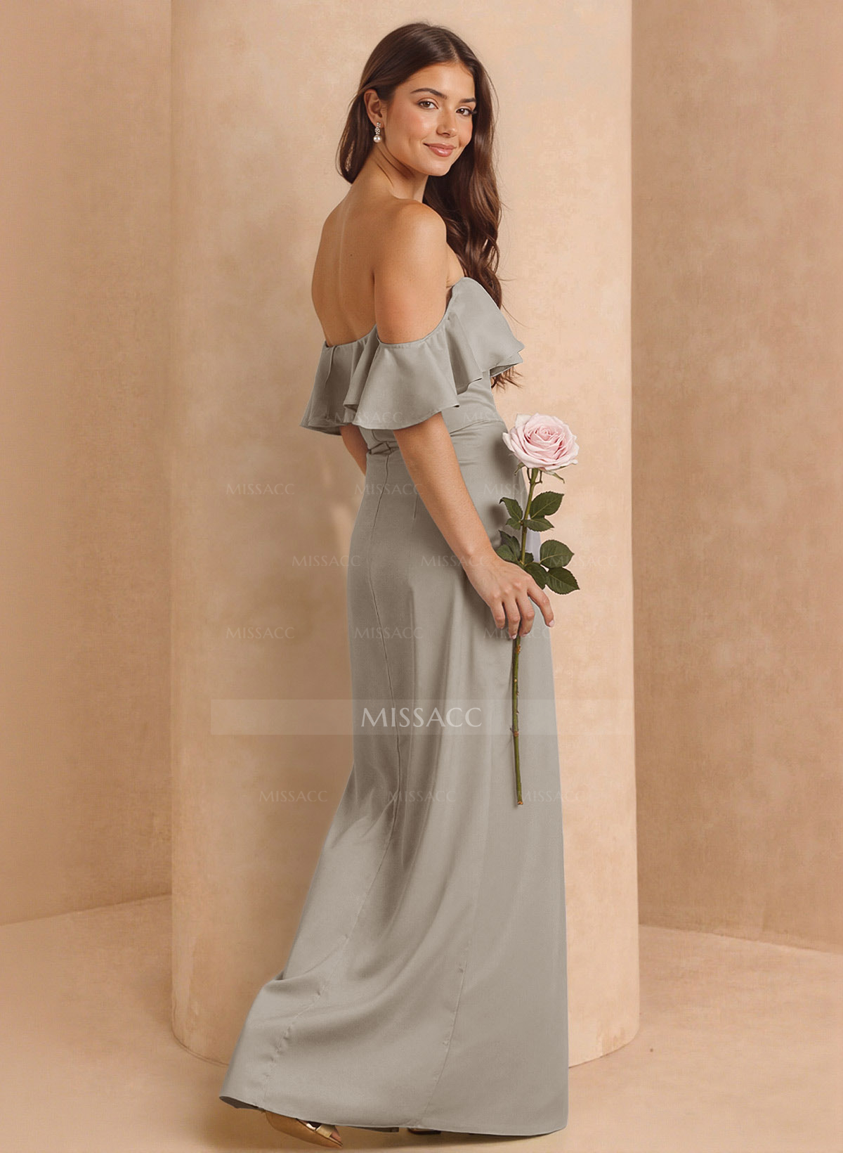 A-Line Off-The-Shoulder Floor-Length Stretch Satin Bridesmaid Dresses With High Split/Shoulder Ruffle