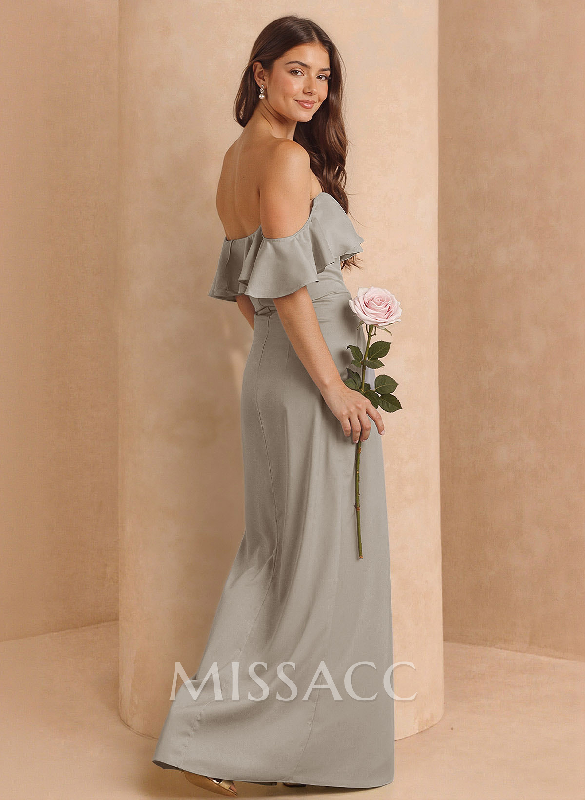 A-Line Off-The-Shoulder Floor-Length Stretch Satin Bridesmaid Dresses With High Split/Shoulder Ruffle
