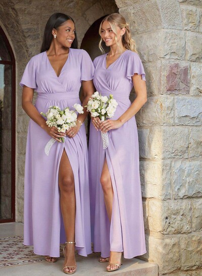 Elegant V-Neck Short Sleeves Floor-Length Chiffon Bridesmaid Dresses With High Split