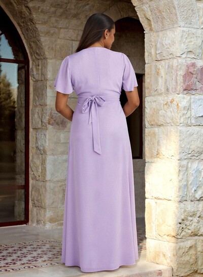 Elegant V-Neck Short Sleeves Floor-Length Chiffon Bridesmaid Dresses With High Split